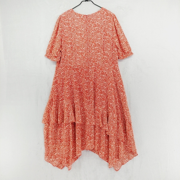 New Estelle V-Neck Short Sleeves Asymmetric Orange Floral Midi Dress P476 - Picture 5 of 9